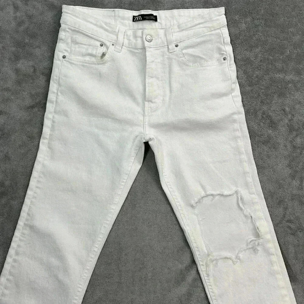 Zara Pants Womens Size 31 High Waisted White Denim Jeans Raw Hem Distressed - Picture 5 of 11